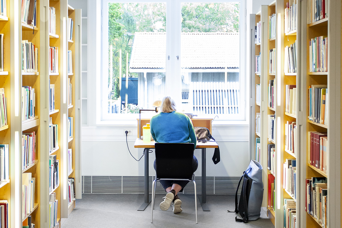En person sitter vid ett litet bord och studerar vid ett fönster. På sidorna syns bokhyllor.