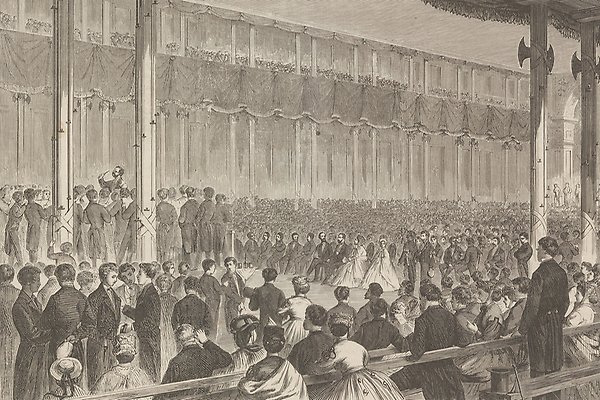 Drawing depicting people in the 1800s sitting in a large hall listening to a concert.