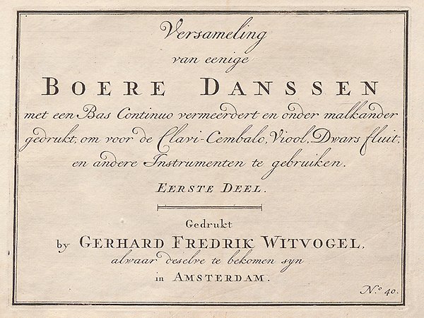 Titelsida från ett av de i Holland tryckta musikverken i Leufstasamlingen [Leufsta mus. tr. 80].