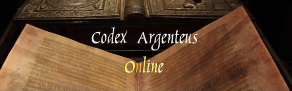Sidor ur Silverbibeln. Ovanpå bilden ligger texten "Codex Argenteus Online".