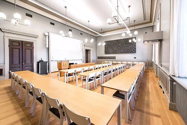 Hall VIII seen from the back left corner. At the front is a lectern, a long table next to it. Behind them is a white board and projector screen. Three long tables with accompanying chairs stand in a U-formation facing the lectern. In the space between there are two more rows of tables and chairs. There are doors on both sides of the lectern.